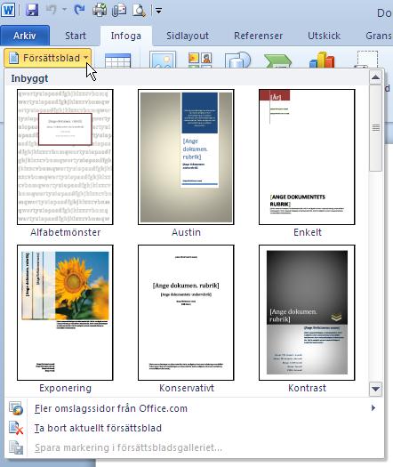 Word 2010 Förformaterade element När du arbetar med ett dokument från en speciell dokumentmall, som en rapport,
