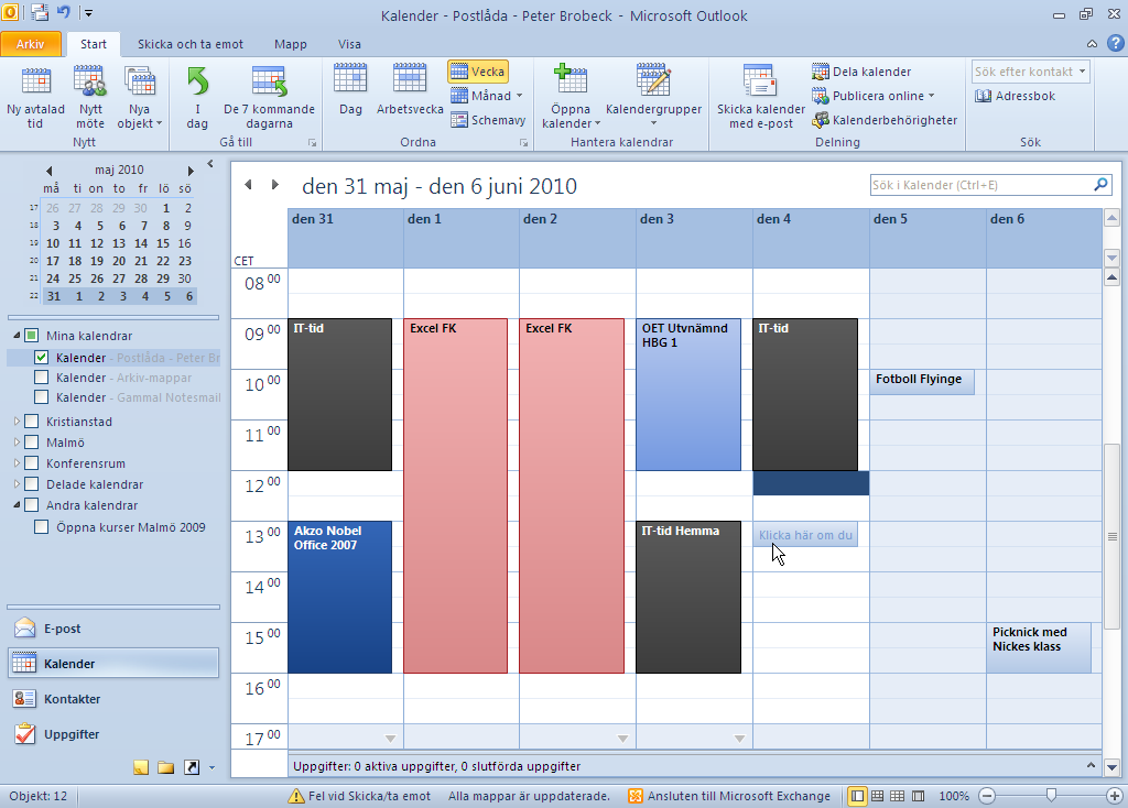 Kalendern Menyfliksområdet i Outlook 2010 innehåller stora ikoner som visar hur du kan ordna och visa din kalender.