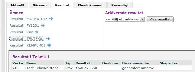 2c) Om det räcker med en översiktligare vy, utan varje ämne, väljer man Orsak per vecka. Här sammanfattas total, oanmäld, anmäld frånvaro och sen ankomst. 3) Den tredje fliken visar elevens resultat.