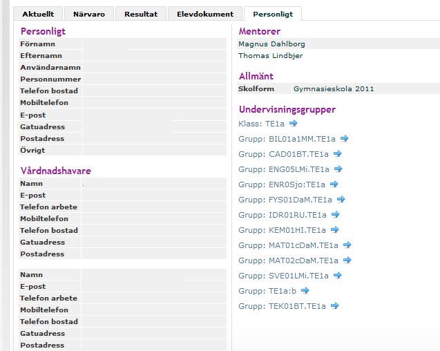 5) På sista sidan finns information om personnummer, adress, vårdnadshavare, samt alla deltagare i elevens olika grupper.