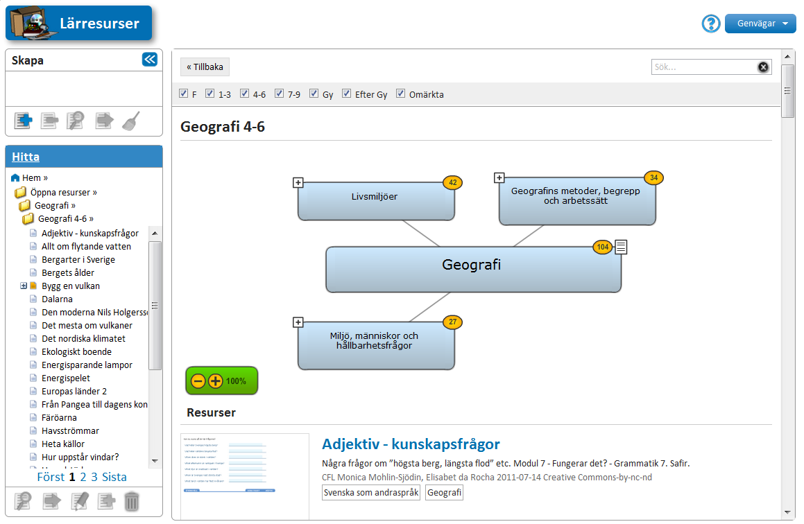 De blå länkarna under rubriken Geografi tar dig till en mindmap som låter dig söka material som är uppmärkt mot kurs/läroplanerna. Klicka bara på den nivå du är intresserad av.