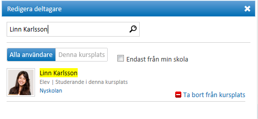 Du kan också lägga till kollegor, så att ni båda kan administrera och skriva på Kursplatsen. Sök då efter kollegans namn och klicka sedan på Lägg till som Handledare.