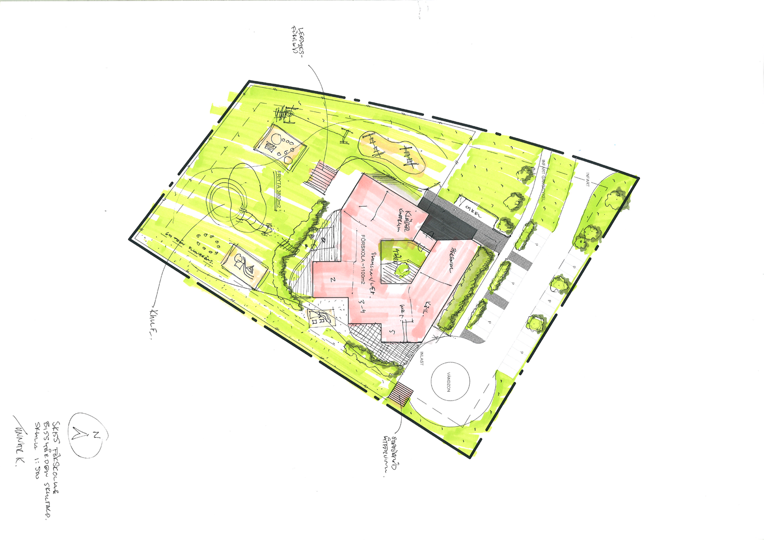 Planerad bebyggelse Inom planområdet planeras en förskola med fem avdelningar med ett tillagningskök att byggas, vilket innebär förskoleplatser för ca 100 barn.