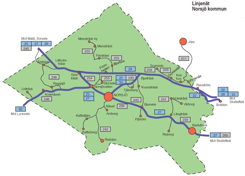Nordmalings kommun Trafikeringsbehovet i Nordmalings kommun tillgodoses av en kombination av linjetrafik och anropsstyrd trafik.