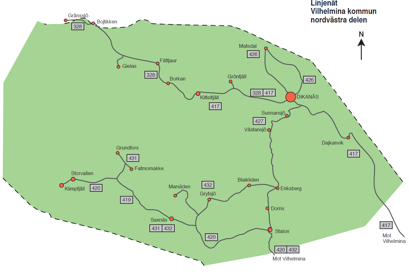 De koncentrationer av boende med kringliggande byar som motiverar kollektivtrafik är Skalmodal, Kittelfjäll, Matsdal, Dikanäs med trafik mot Dikanäs och mot Vilhelmina.