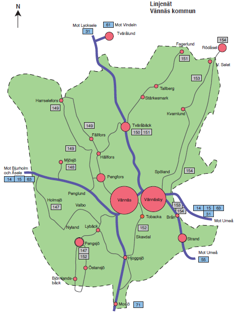 Vännäs kommun Vännäs kommun har som målsättning för den inomkommunala trafiken att boende inom kommunen ska ges möjlighet till serviceresor till Vännäs.