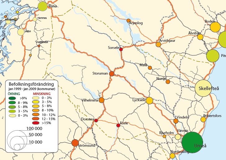 Figur 3. Västerbottens läns befolkningsutveckling perioden 1999 2009. Källa: Länstransportplanen Tabell 1. Västerbottens läns befolkningsutveckling perioden 1985 2010.