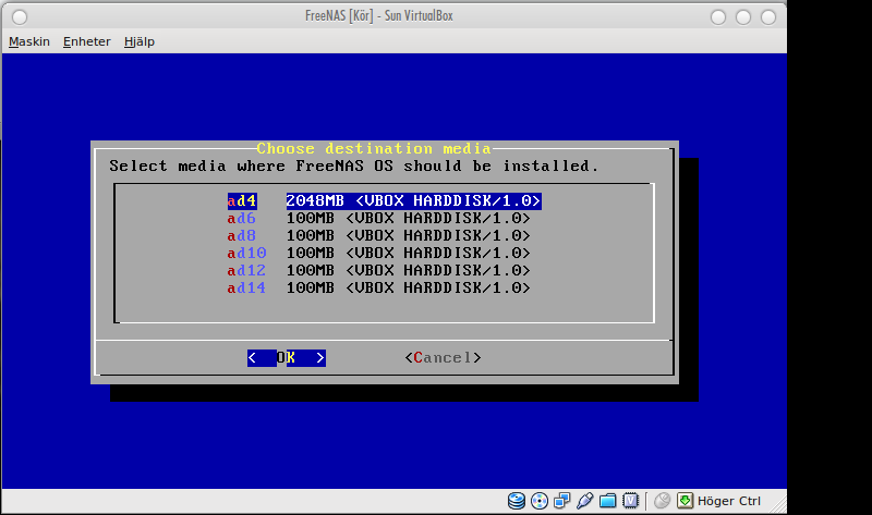 Välj källa, i mitt fall blir det "acd0" för cd-rom. Välj destination, den disk du vill installera till.