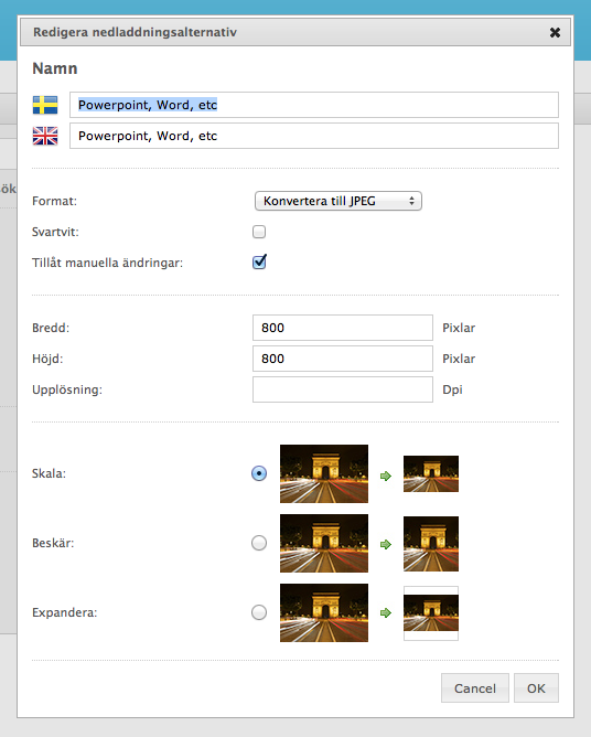 10.6 Redigera nedladdningsalternativ Vid nedladdning av en eller flera bilder så får man ett antal alternativ för anpassning av bilden.