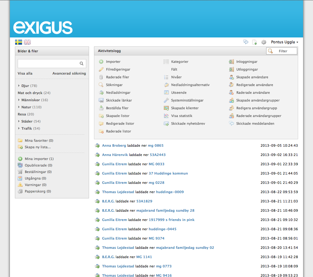 10.12 Aktivitetslogg Allt som händer i Exigus loggas, inklusive sökningar. Allt visas sedan i realtid i Aktivitetsloggen.