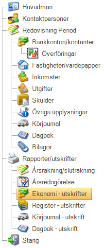 31 Ekonomi utskrifter Kontospecifikation Här väljer du först om det är en inkomst eller utgift som skall skrivas ut. Välj sedan kontots namn samt från och till datum.