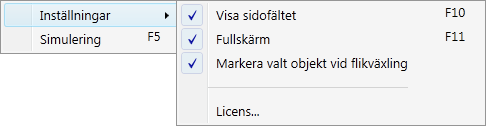 Inställningar De inställningsmöjligheter som finns i ED10 ligger samlade under Verktyg > Inställningar. Visa sidofältet Om man t.ex.