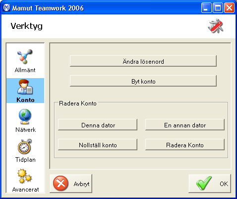 KOM I GÅNG MED MAMUT TEAMWORK 2006 Radera konto Med dessa funktioner kan du ta bort data som är säkerhetskopierad från olika datorer du har använt eller hela användarkonton. Obs!