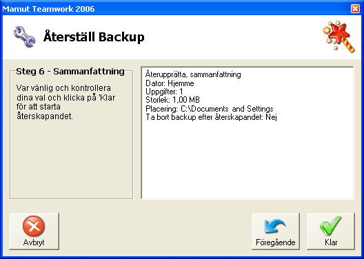 MAMUT ONLINE BACKUP 6. Till slut får du upp ett fönster med en sammanfattning där du kan se de val som du har gjort. Kontrollera dessa och klicka Nästa.