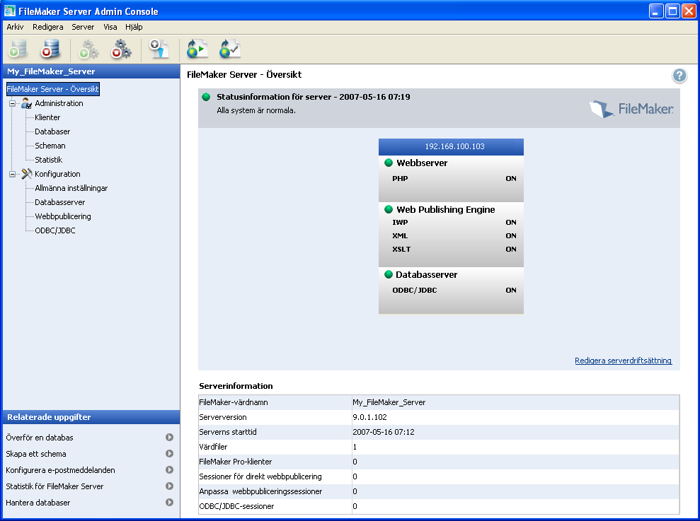 62 FileMaker Server Startbok Om FileMaker Server Admin Console Med FileMaker Server Admin Console kan du enkelt konfigurera och administrera FileMaker Server, arbeta med och övervaka klienter och