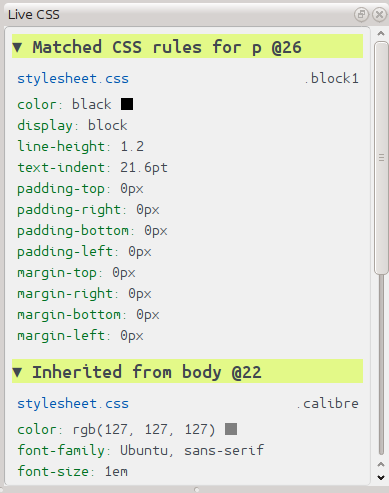 1.5.7 Direkta CSS-panelen Gälllande CSS visar alla stilregler som gäller för etiketten som du för närvarande redigerar.