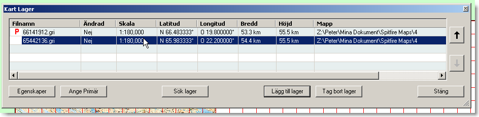 Kart lager och inställningar Varje karta man öppnar i spitfire lägger sej i ett eget lager vilket har till funktion att man kan sätta ihop flera kartor till en stor för bättre översikt eller ha flera