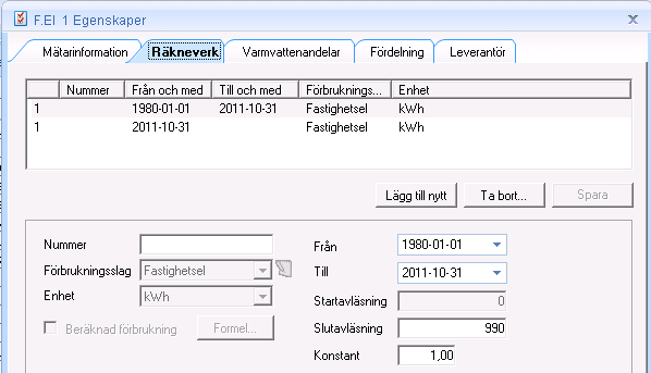 Exempel mätarbyte: Före En rad med Till = Tills vidare Mätarbyte gjort via avläsningsfliken Efter Föregående rad Till är satt till datumet då mätarbytet gjordes.