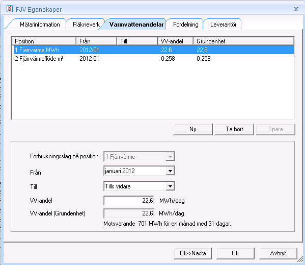 Varmvattenandelar För mätarna som är satta som värme och som ska normalårs-korrigeras kan varmvattenandelen anges.
