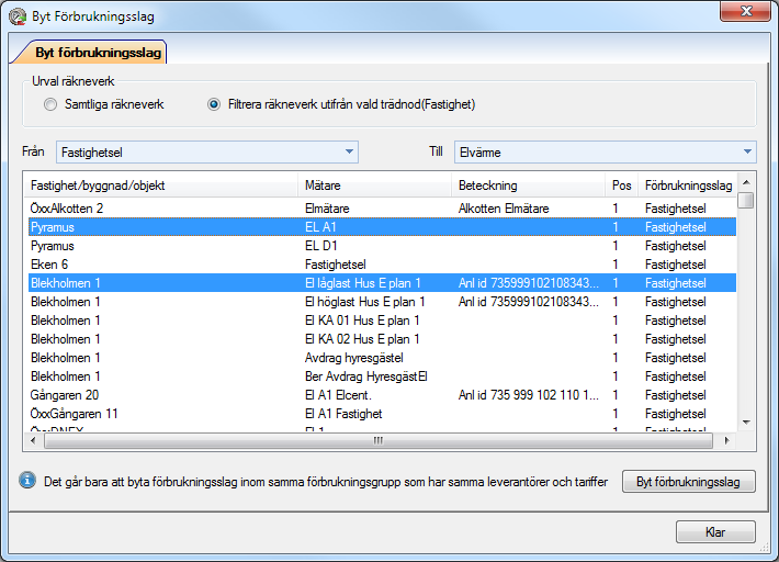 Byt förbrukningsslag Om man vill kan man även filtrera på specifika förbrukningsslag. Som standard så är alla förbrukningsslag valda.