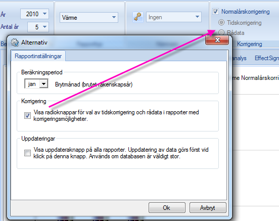 Valet att normalårskorrigera data i månadsrapporten slås på och av beroende på vilken rapporttyp som valts i gruppen Rapporttyp.