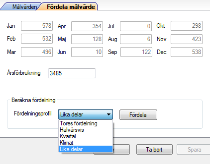 Bild 127: Grunddata, Fördelningsprofiler Det finns tre standarder profil: månadsvis, halvårsvis och kvartalsvis. Skapa ny profil genom att klicka på Ny.