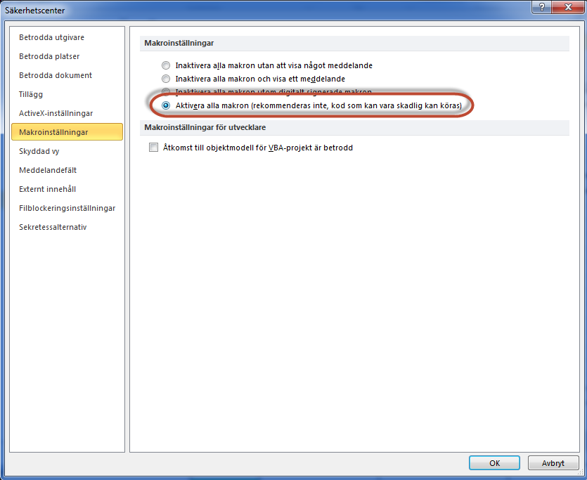 Bild 136: Aktivera makron PDF Gör om rapporten till PDF-format.