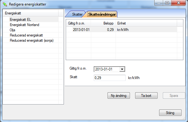Observera att elskatten faktureras på handels el fakturan. Växla till fliken Skatteändringar Välj Ny ändring. Ange från vilken datum ändringen skall gälla. Ange skatten 0,29 för 2013. Klicka på Spara.