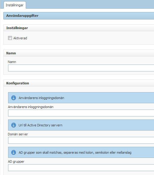 Sida 103 / 106 Exempel: Formulär för AD-pluginet. Inställningar som kan göras varierar per plugin. Fälten under konfiguration kommer från aktuellt plugin övriga är fasta plugin fält. 11.