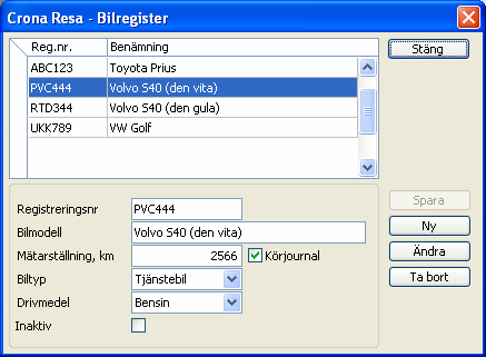 Företag Çrona Resa Skilj på företagsbilar och bilar för personligt bruk Drivmedel Markera ifall bilen är dieseldriven eller inte. För varje annat drivmedel än diesel anges bensin.