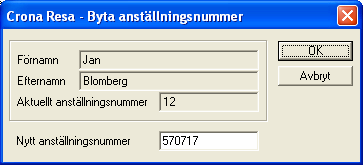 Personal Çrona Resa Byte anställningsnummer Om du av någon anledning vill ändra en persons anställningsnummer kan du göra detta i personregistret.