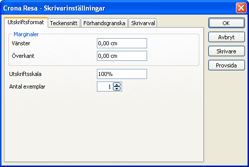 Utskrifter Çrona Resa Endast i de fall där utskriften hamnar fel behöver du justera detta genom att ange ett positivt eller negativt värde för att flytta marginalen.