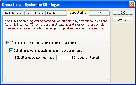 Komma igång Çrona Resa Du kan ställa in programmet så att det själv med önskad periodicitet undersöker ifall det finns en nyare version på vår server.