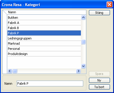 Çrona Resa Register Â Kategorier I Crona Resa 60/100 finns möjlighet att lägga in olika kategorier i ett register. Du markerar och anger namn på kategoriregistret i företagsinställningarna.