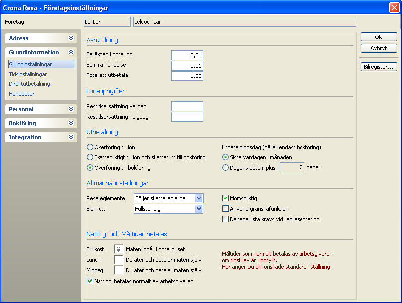 Çrona Resa Komma igång Fliken Grundinställningari dialogrutan Företagsinställningar Personal Innan själva arbetet med reseräkningar kan påbörjas måste du lägga in alla anställda i Crona Resa.