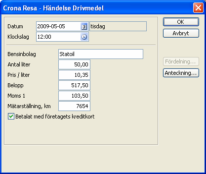 Çrona Resa Drivmedel Dialogruta för drivmedel I Crona Resa kommer du till funktionen för att registrera gjorda tankningar via knappen eller menyalternativet Drivmedel under menyrubriken Funktioner.