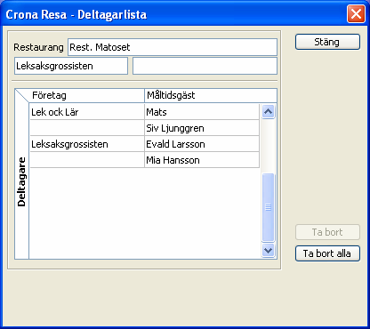 Representation Çrona Resa Dialogruta från Crona Resa Måltidsgäst Ange gästens för- och efternamn och avsluta med E. Det finns i programmet ingen gräns för antalet måltidsgäster.