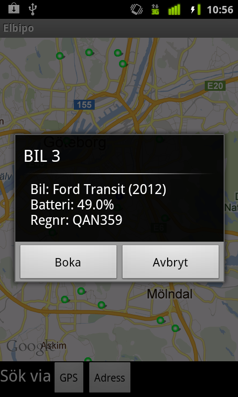 Figur 18: Karta med utmarkerade bilar i Androidapplikationen.