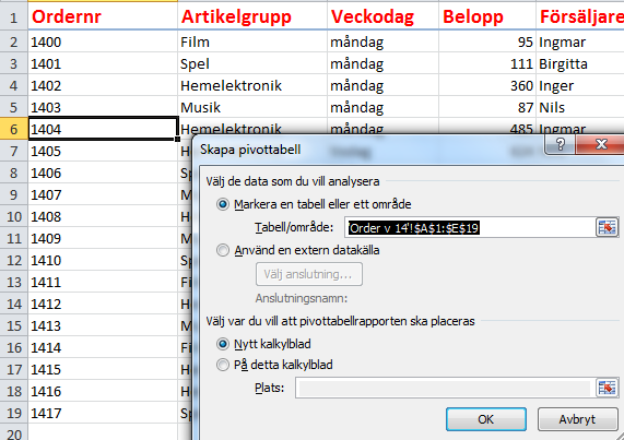 Nu visas en tom pivottabellrapport tillsammans med fältlistan. Dessutom visas de två flikarna Alternativ och Design under Verktyg för pivottabell. 1.