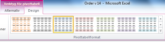 Övning 20 Uppdatera pivottabell Fortsätt med arbetsboken Order v 14. Ändra beloppet på ordernr 1410 till 487 och uppdatera pivottabellen.