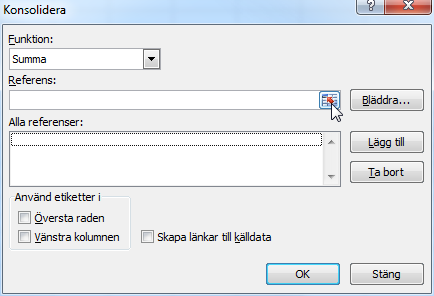 Sammanställa data - Konsolidering Konsolidering Konsolidering innebär att du kan sammanställa värden från ett antal kalkylblad, eller arbetsböcker, med eller utan länkning.