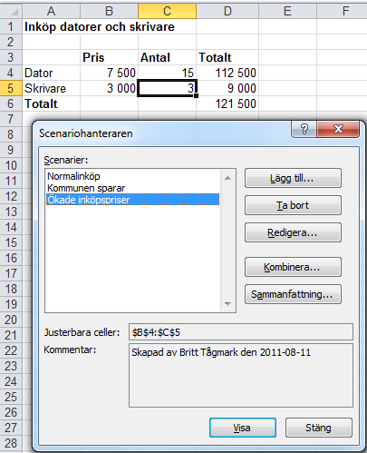 Analys - Scenarier 8. Nu visas redan ifyllda värden i kalkylen 9.