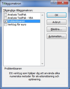 PROBLEMLÖSAREN För att kunna använda begränsningar i målsökning använder man Problemlösaren i Excel. Börja med att återställa räntan i B5 till 6,5%. Vi tänker oss att vi vill betala 1500 /månad.