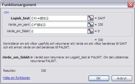 Om funktionen aktivers som är uppbyggd enligt modellen: [=OM(Logiskt test; värde om sant; värde om sant)], det går naturligt vis att lägga in fler OM villkor i villkoret, vi tittar på det lite senare.