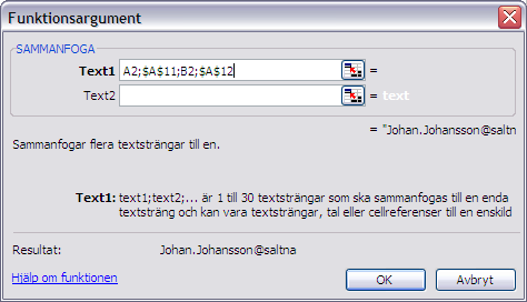 Skriv in en vanlig punkt (.) i cellen A11, bekräfta med Retur. Skriv in @saltnas.sa i cellen A12 och bekräfta med Retur.