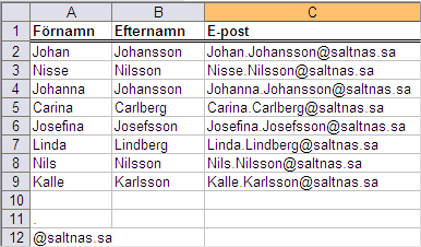 Klicka på cellen som innehåller e-postadressen och kopiera ner formeln till den sista posten.