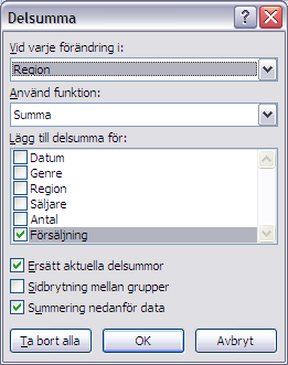 DELSUMMOR Öppna databasen Saltnäs Dataspelförening. Med hjälp av funktionen Delsummor kan man t ex ta reda på vad försäljningen uppgår till i en viss region.