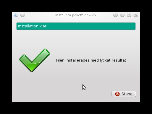 När installationen är klar visas detta fönster. Klicka på Stäng.