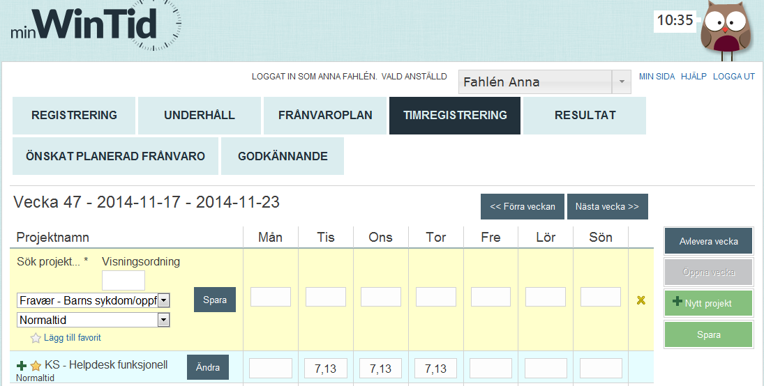 5. minwintid och ordningsföljd på projekt Det är nu möjligt att välja ordningsföljden på projekt i <Tid registrering>.