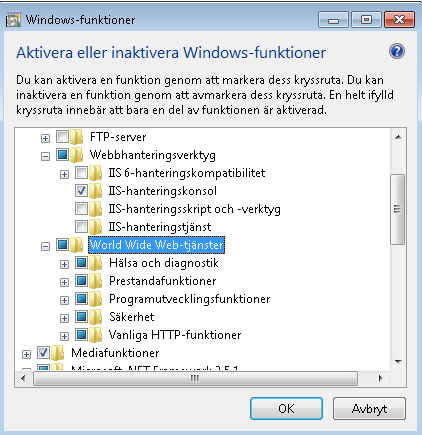 3.2.4 För Vista, Windows 7 (IIS 7.X) Öppna Kontrollpanelens Program och funktioner (Programs and Features) och klicka på Aktivera eller inaktivera Windows-funktioner (Turn Windows features on or off).